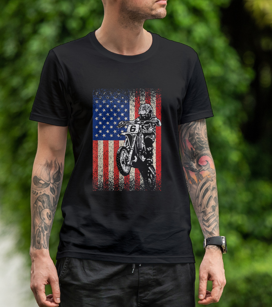 Dirt Bike Motocross Biker With American Flag Background T-Shirt