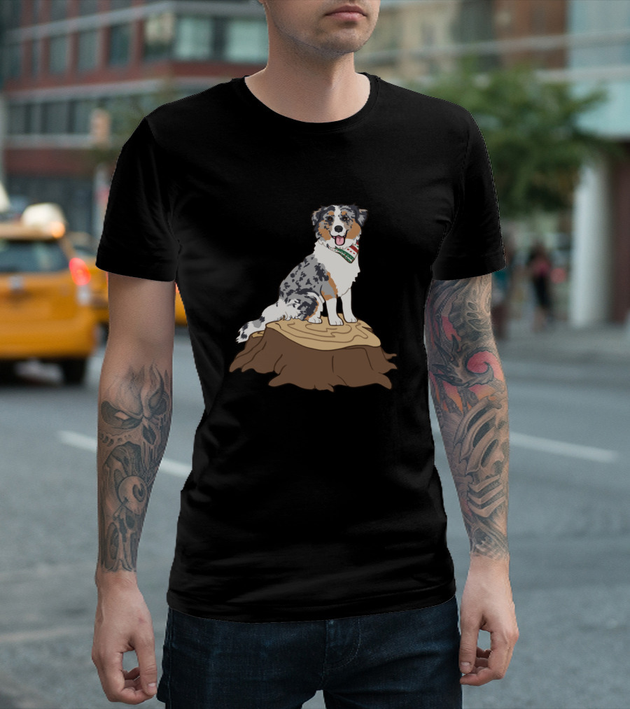 Blue Merle Aussie Dog Sitting on Tree Stump T-Shirt