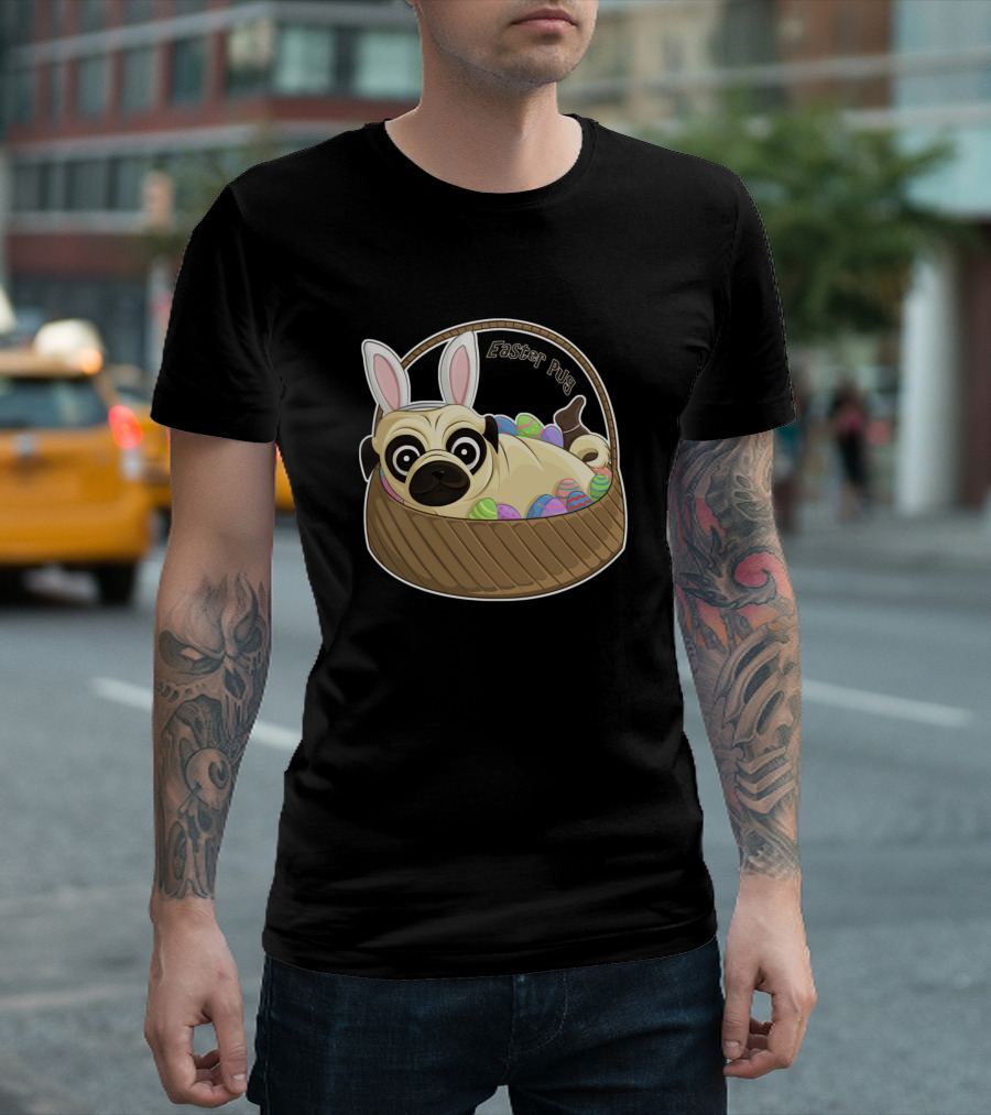 Easter Pug in Basket with Eggs and Bunny Ears T-Shirt