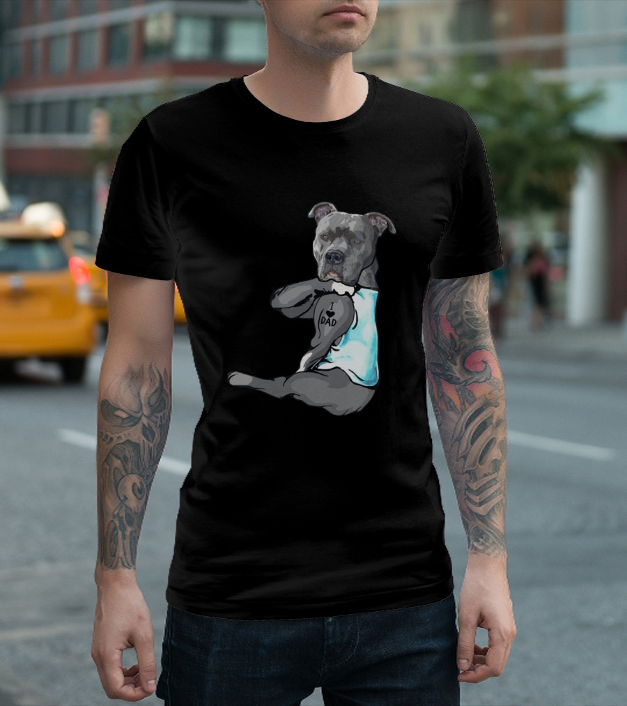 Funny Pitbull I Love Dad Tattoo Dog T-Shirt