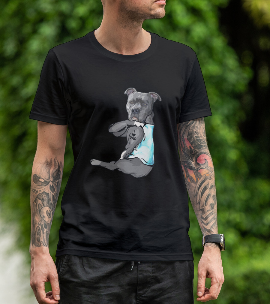 Funny Pitbull I Love Dad Tattoo Dog T-Shirt