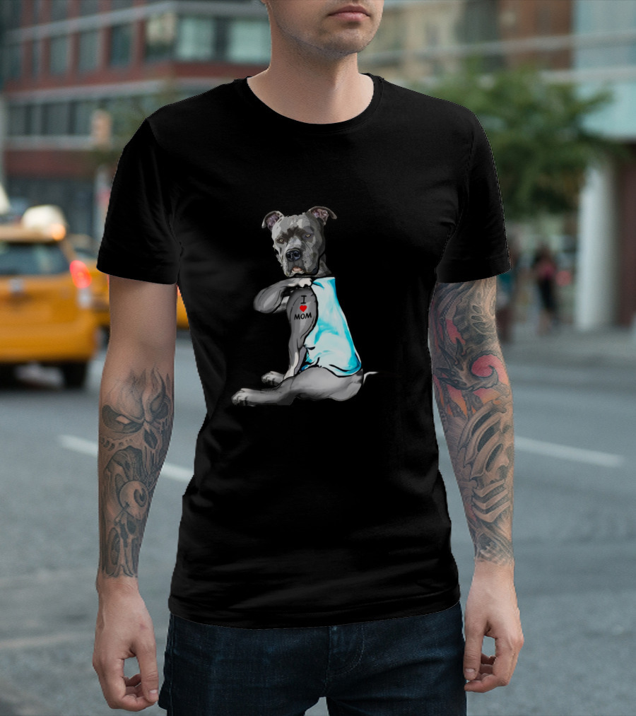 Funny Dog Pitbull I Love Mom Tattoo T-Shirt