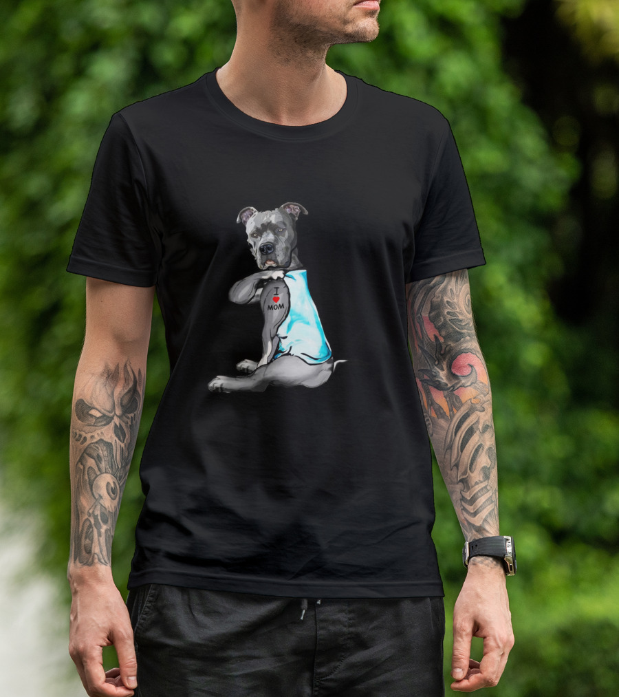 Funny Dog Pitbull I Love Mom Tattoo T-Shirt