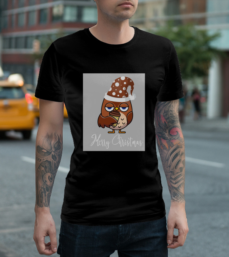 Merry Christmas Owl with Coffee and Santa Hat T-Shirt