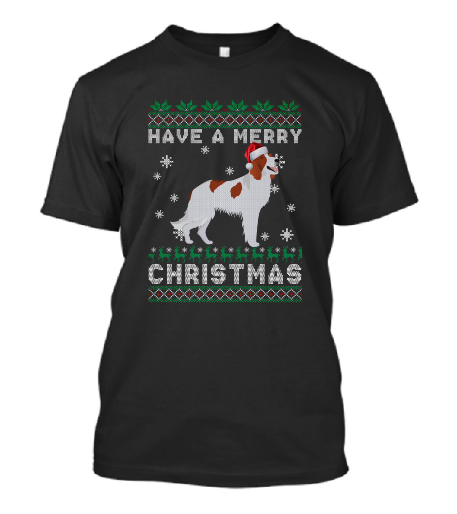 Have A Merry Christmas Irish Red And White Setter With Santa Hat Snowflakes And Festive T-Shirt