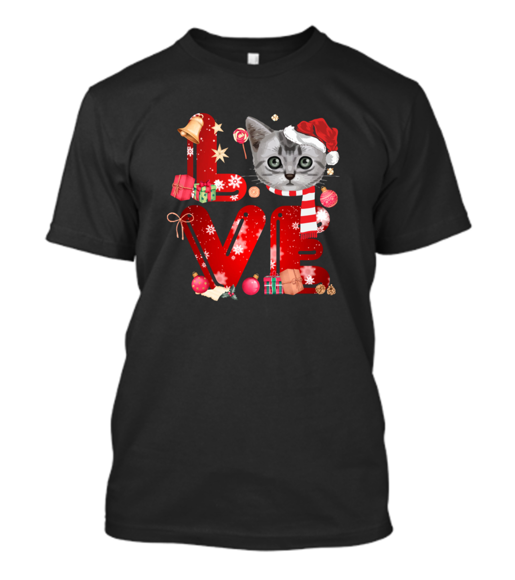 Love Silver Tabby Christmas Theme With Santa Hat And Festive Decorations T-Shirt