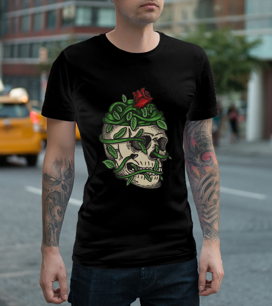 Lush Life Skull Wrapped In Green Vines With Red Rose T-Shirt