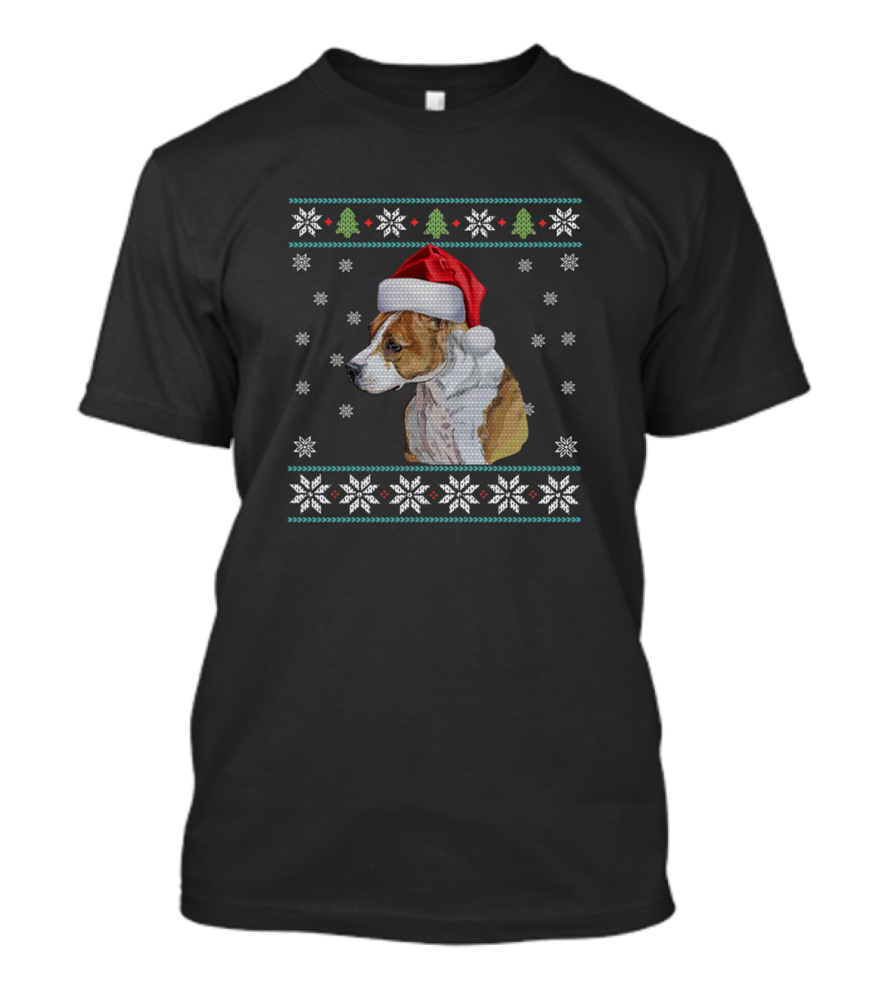 Merry Christmas American Staffordshire Terrier With Santa Hat And Snowflakes Holiday T-Shirt