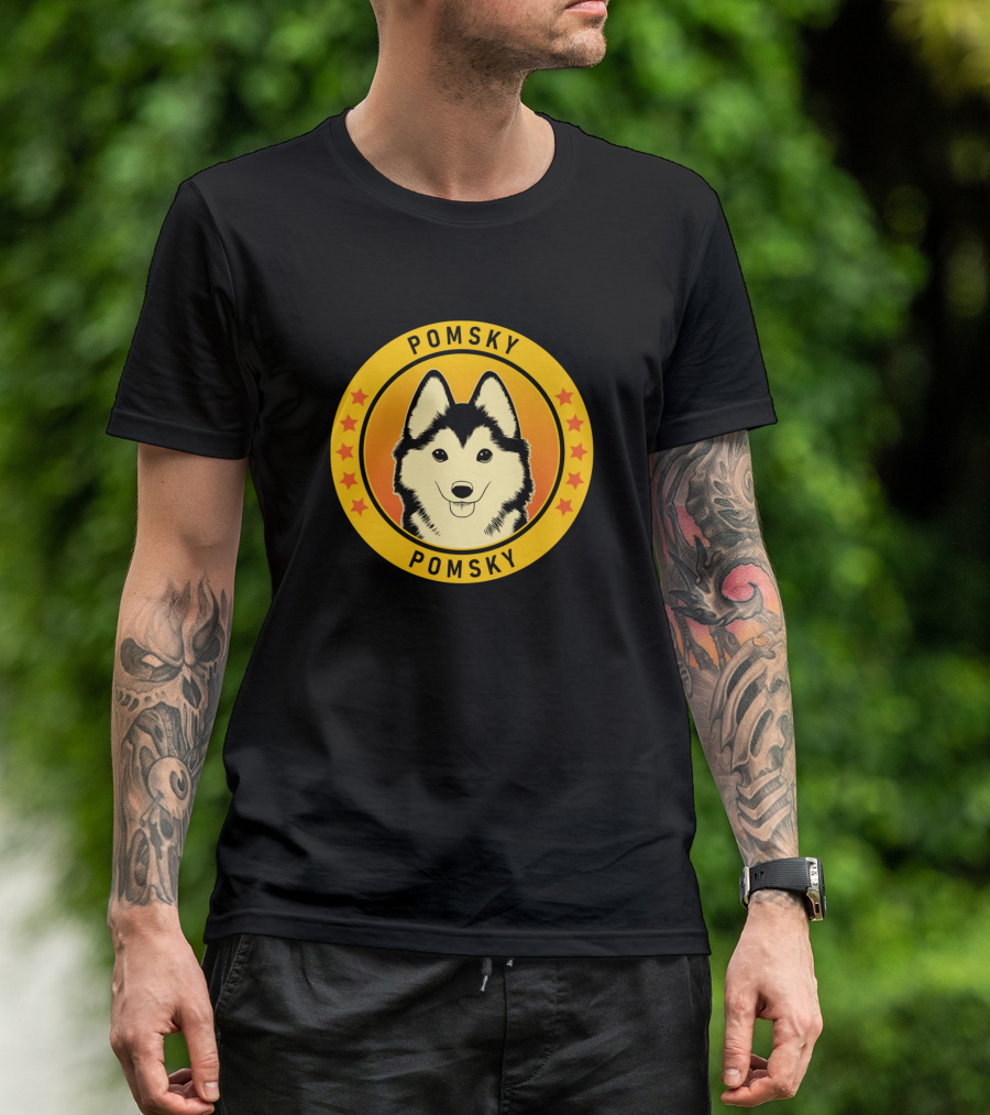 Pomsky Pomsky Dog Yellow Star Circle Emblem T-Shirt