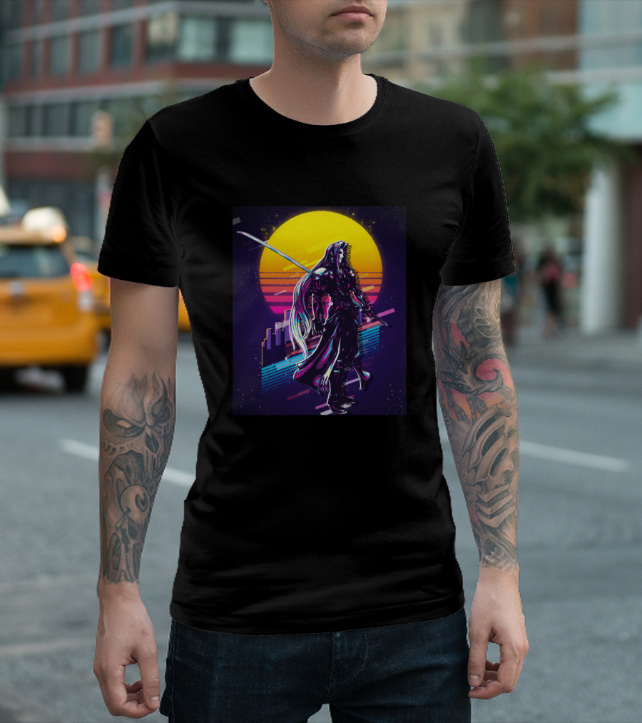 Retro Winged Angel Cyberpunk Neon City Samurai T-Shirt