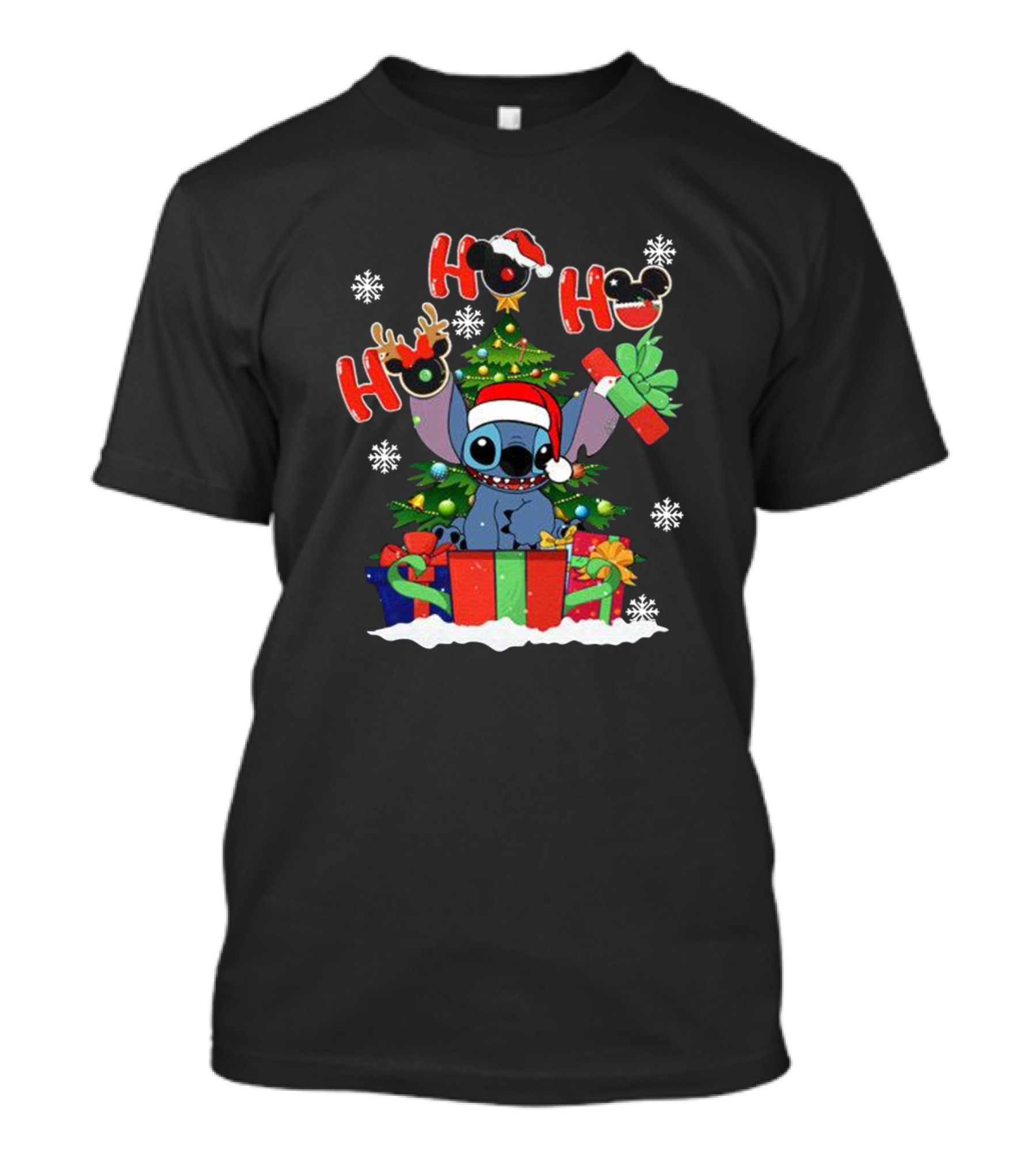 Xmas Holiday Ho Ho Ho Stitch Christmas Tree Presents Snowflakes T-Shirt