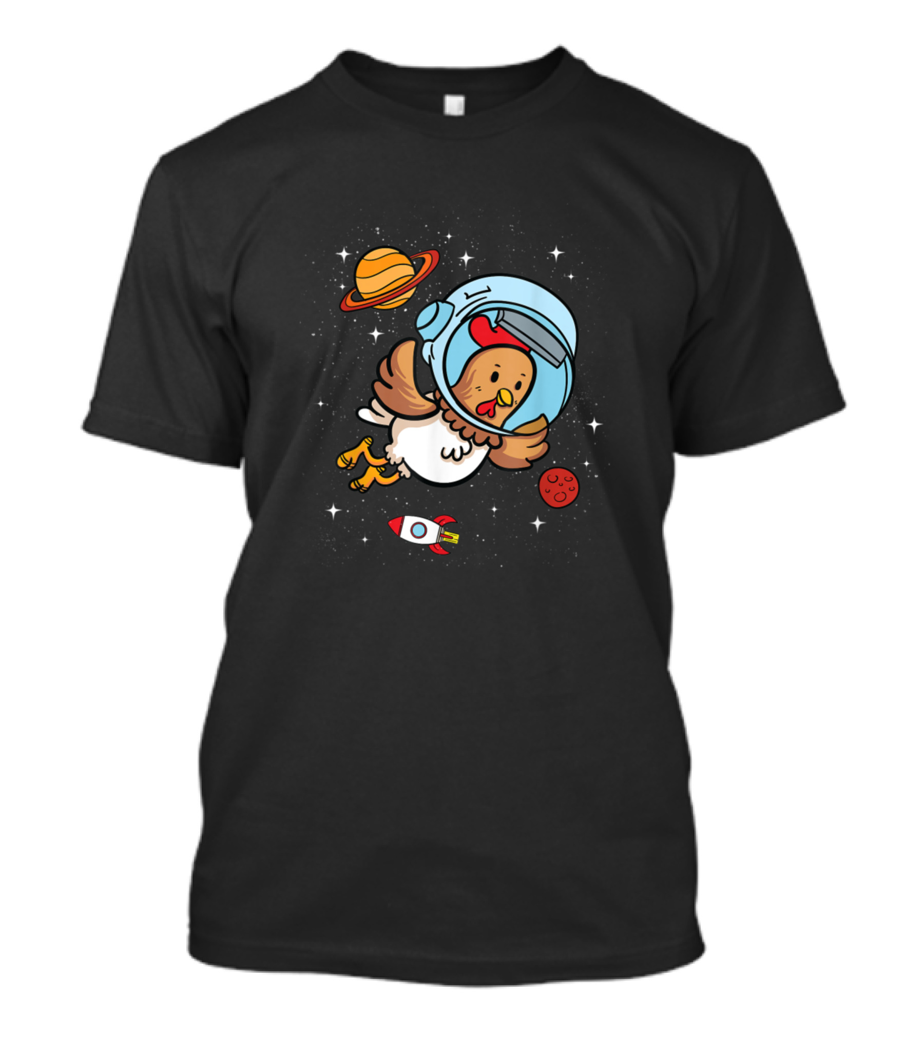 Chicken Astronaut Floating In Space With Planet And Rocket T-Shirt