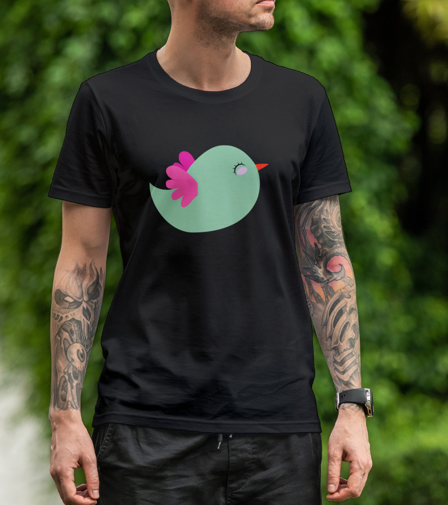 Playful Green Bird With Pink Wings Flying T-Shirt