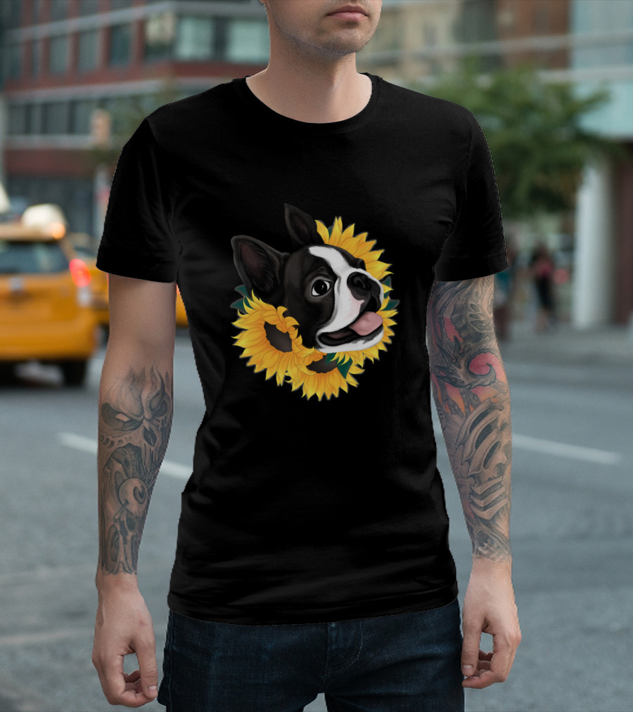 Boston Terrier Sunflower Dogs T-Shirt