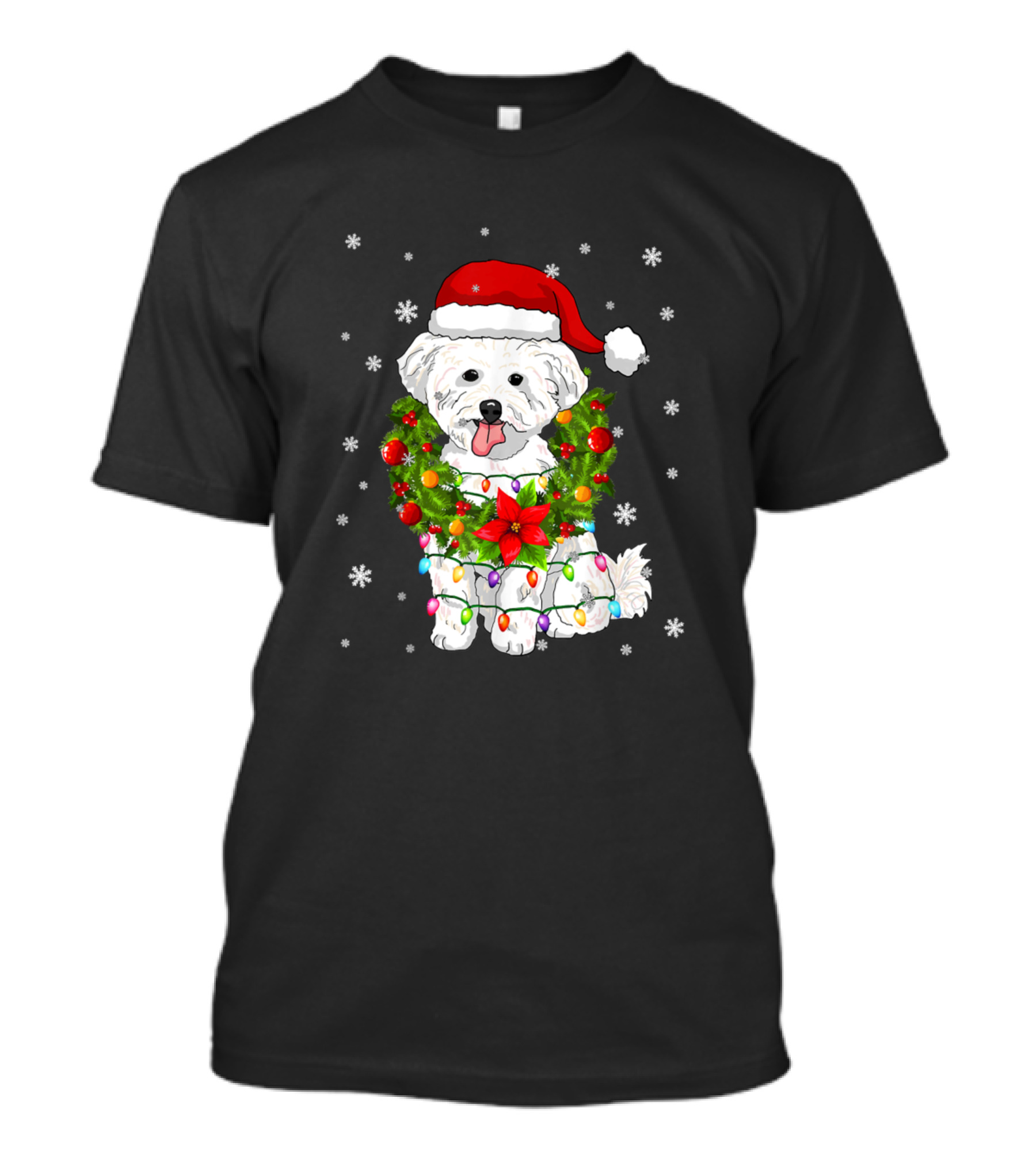 Bichon Frise Dog Santa With Christmas Lights And Wreath T-Shirt