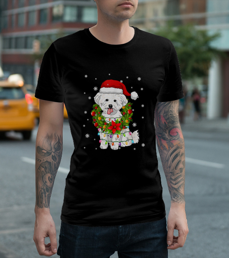 Bichon Frise Dog Santa With Christmas Lights And Wreath T-Shirt