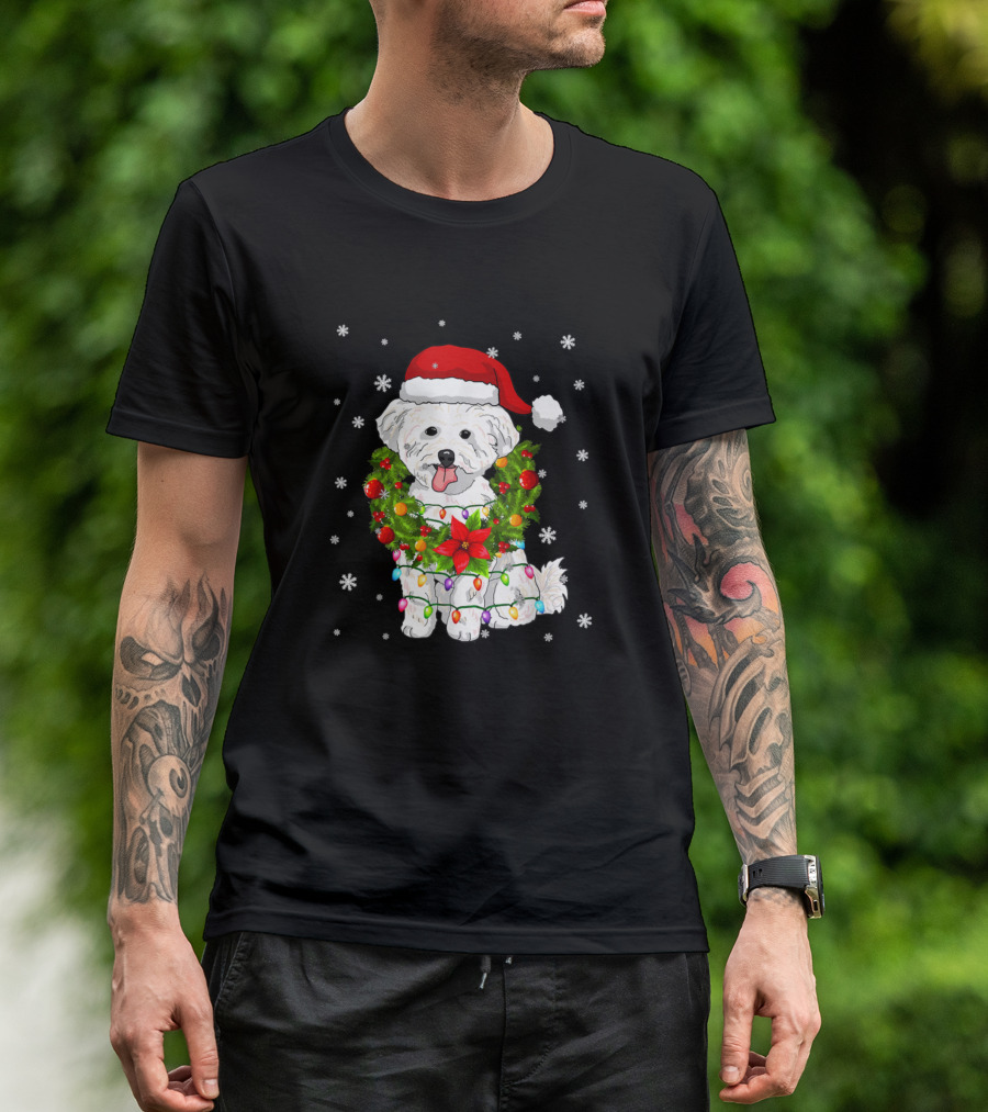 Bichon Frise Dog Santa With Christmas Lights And Wreath T-Shirt