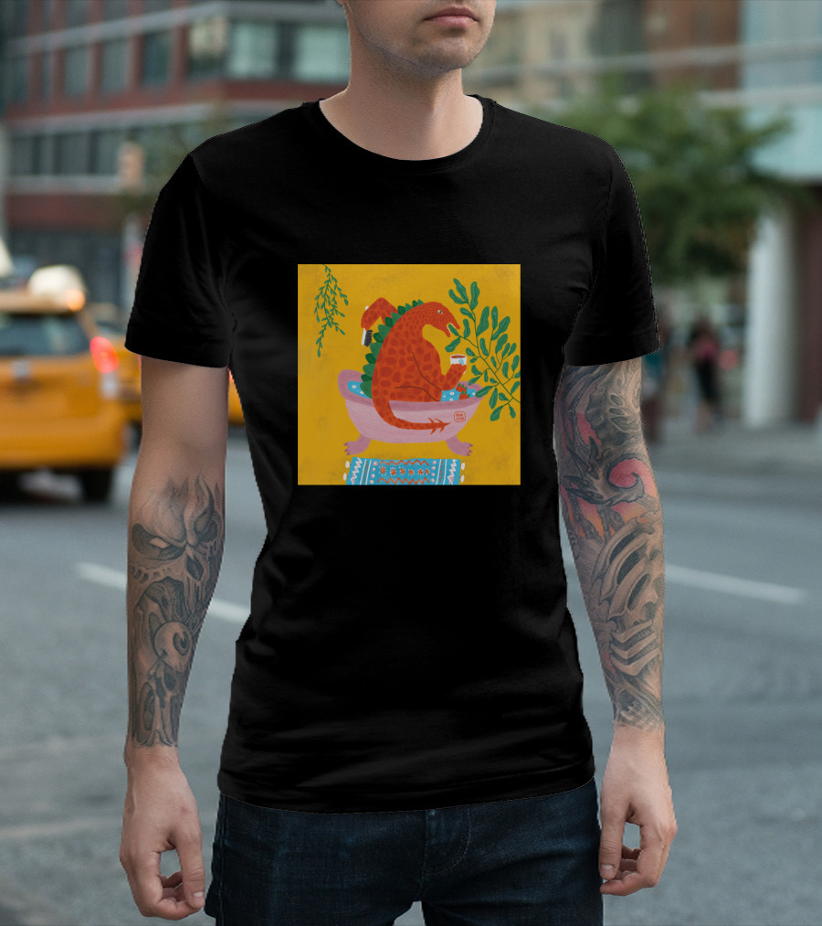 Everybody Needs Some Bath Time Dinosaur Relaxing In Bathtub With Beverage And Plants T-Shirt
