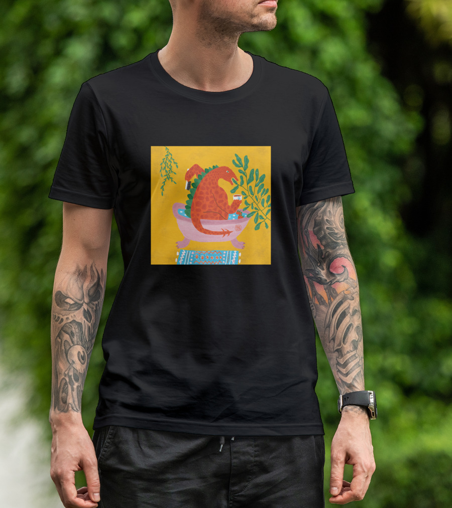 Everybody Needs Some Bath Time Dinosaur Relaxing In Bathtub With Beverage And Plants T-Shirt