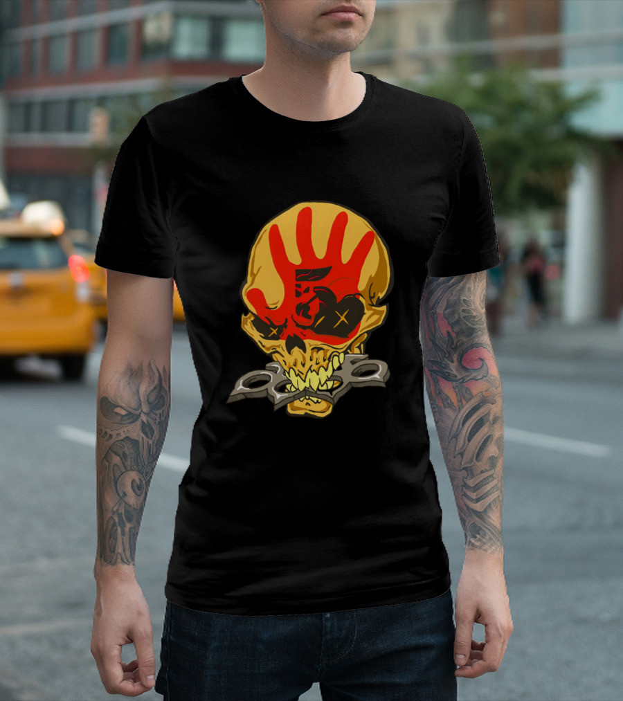 Five Finger Death Punch Skull with Brass Knuckles and Red Handprint T-Shirt