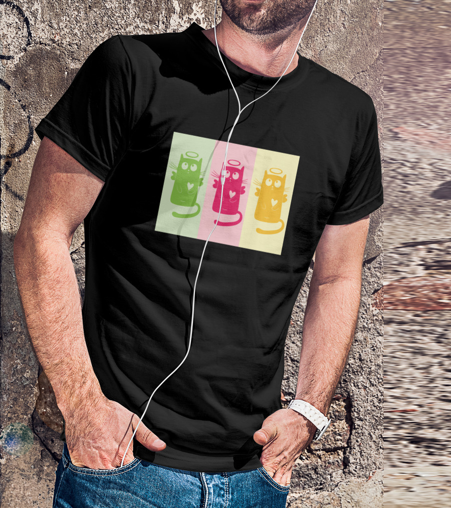 Funny Cat Engels Three Halo Cats With Hearts Green Pink Yellow T-Shirt