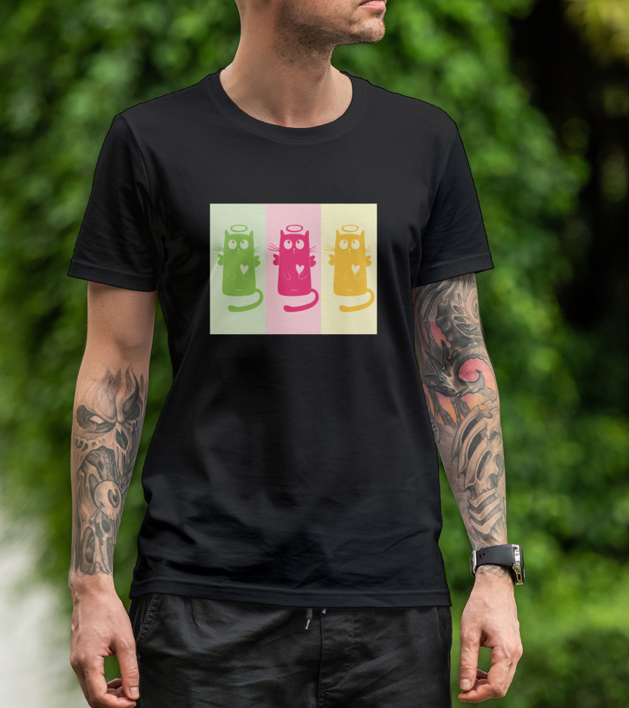 Funny Cat Engels Three Halo Cats With Hearts Green Pink Yellow T-Shirt