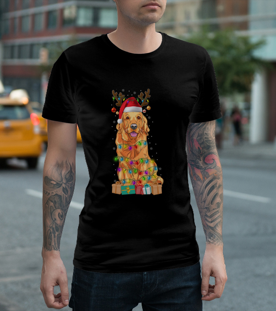 Goldendoodle Christmas Reindeer with Santa Hat and Festive Lights T-Shirt