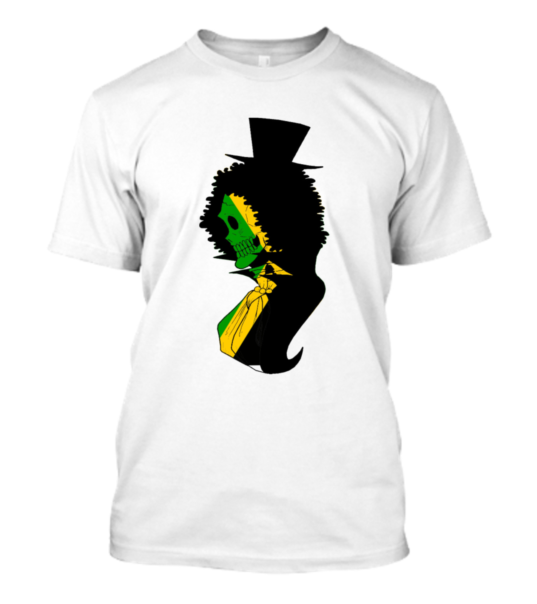 Jamaican Skull Top Hat Silhouette With Afro And Tie In Green Gold And Black T-Shirt