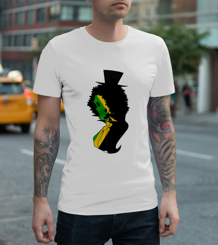 Jamaican Skull Top Hat Silhouette With Afro And Tie In Green Gold And Black T-Shirt