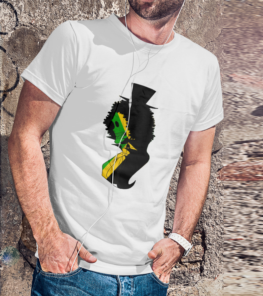 Jamaican Skull Top Hat Silhouette With Afro And Tie In Green Gold And Black T-Shirt