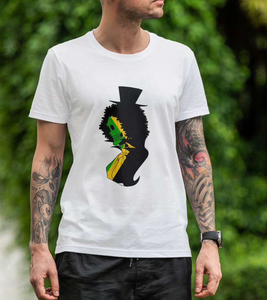 Jamaican Skull Top Hat Silhouette With Afro And Tie In Green Gold And Black T-Shirt