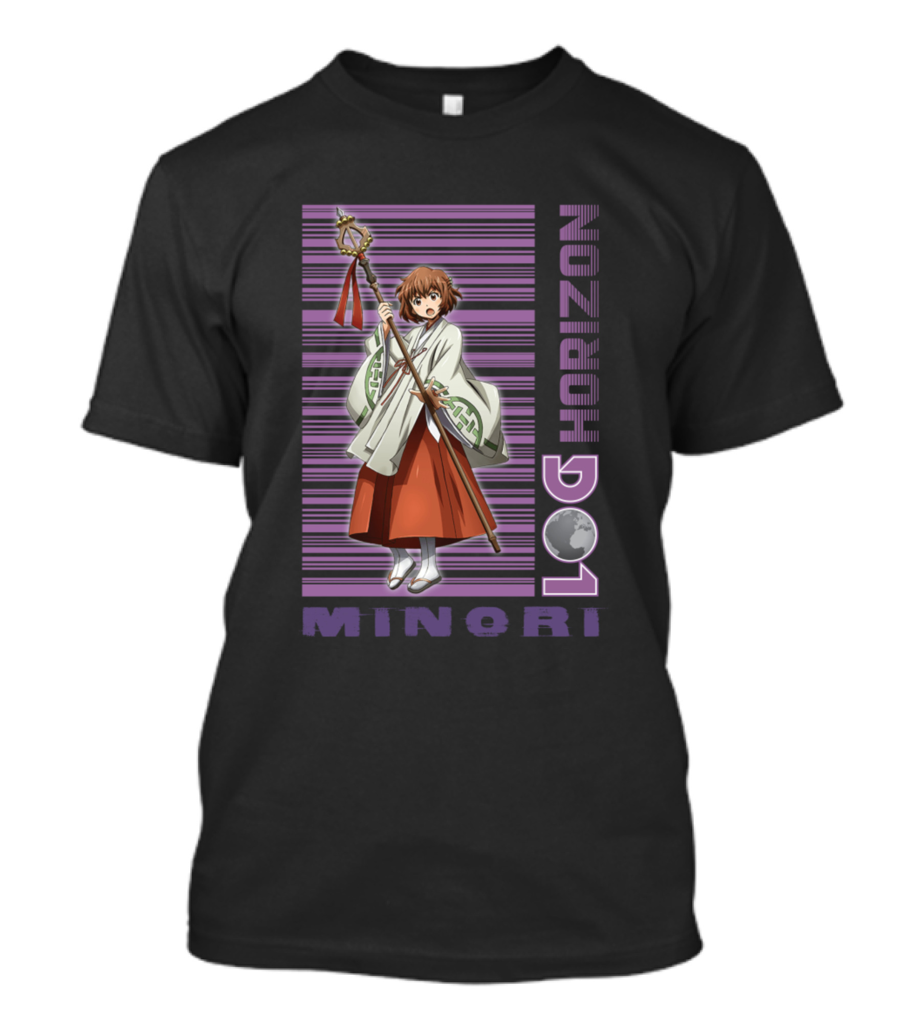 Minori Log Horizon Anime Character With Staff And Barcode Background T-Shirt