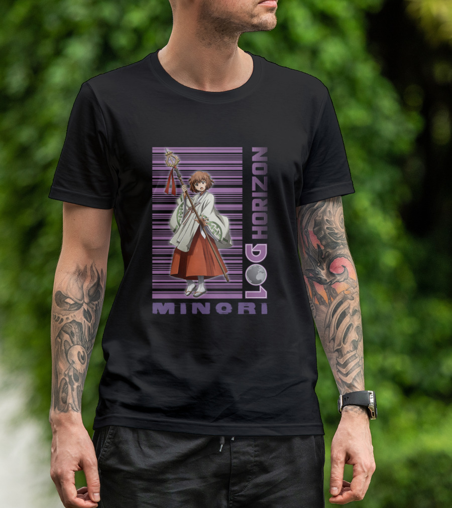 Minori Log Horizon Anime Character With Staff And Barcode Background T-Shirt