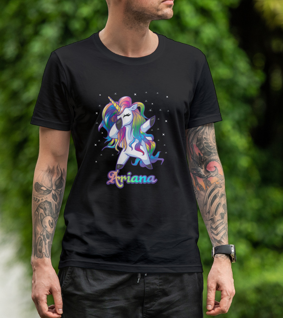 Ariana Name Personalized Custom Rainbow Unicorn Image With Stars T-Shirt
