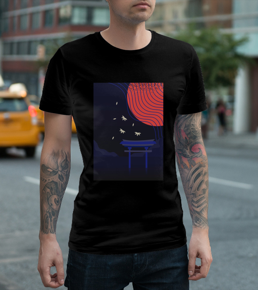 Blue Night Torii Under Red Moon Sky and Falling Leaves T-Shirt