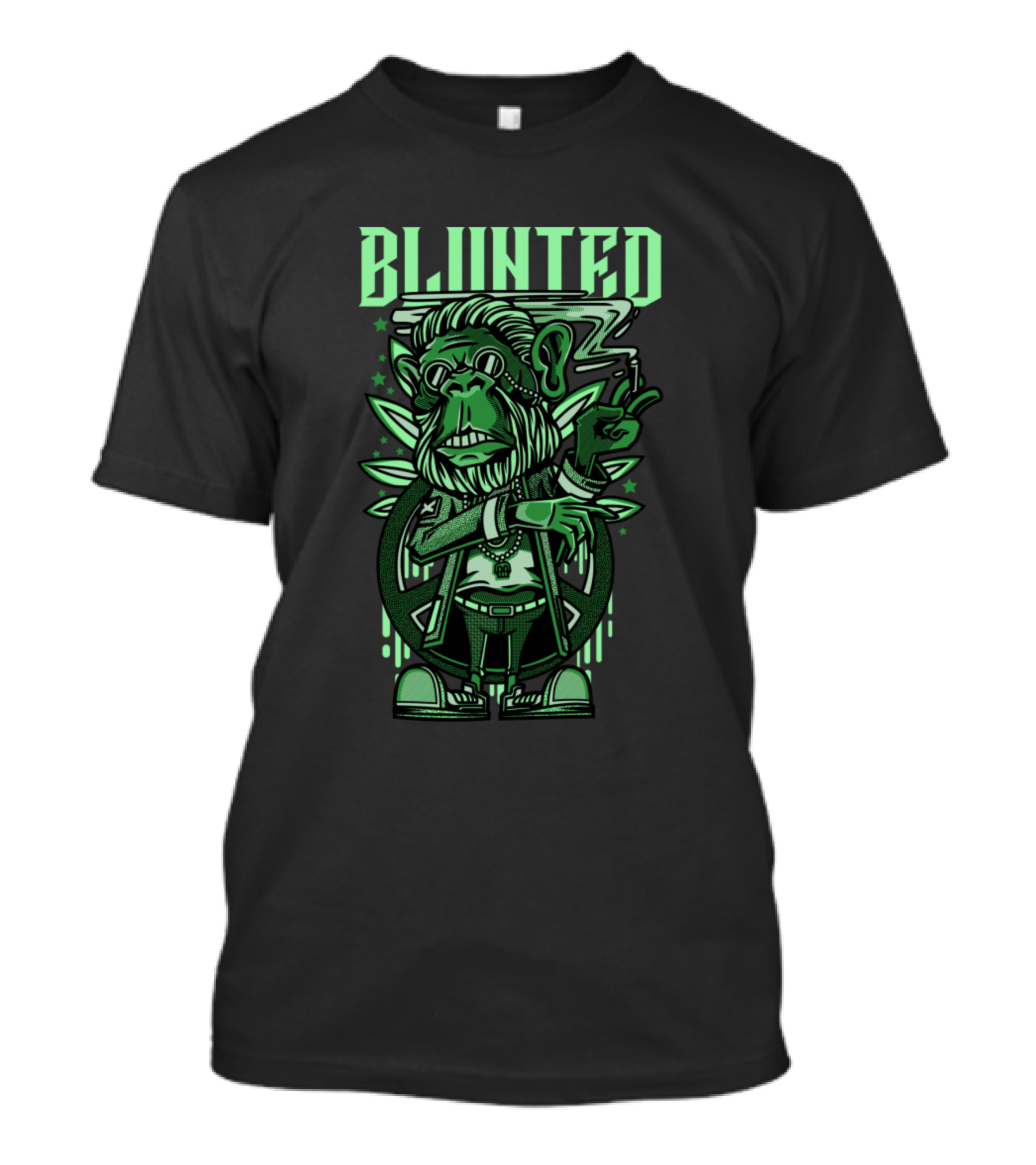 Blunted Caracter Green Monkey With Cigarette And Leaf Background T-Shirt
