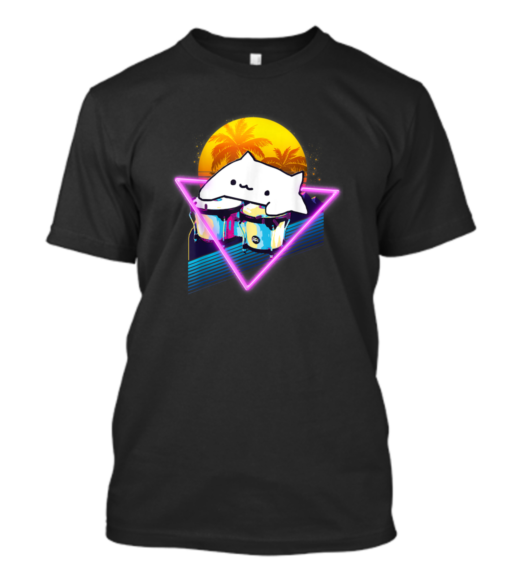 Bongo Cat Neon Triangle Palms 80s Vaporwave Sunset T-Shirt