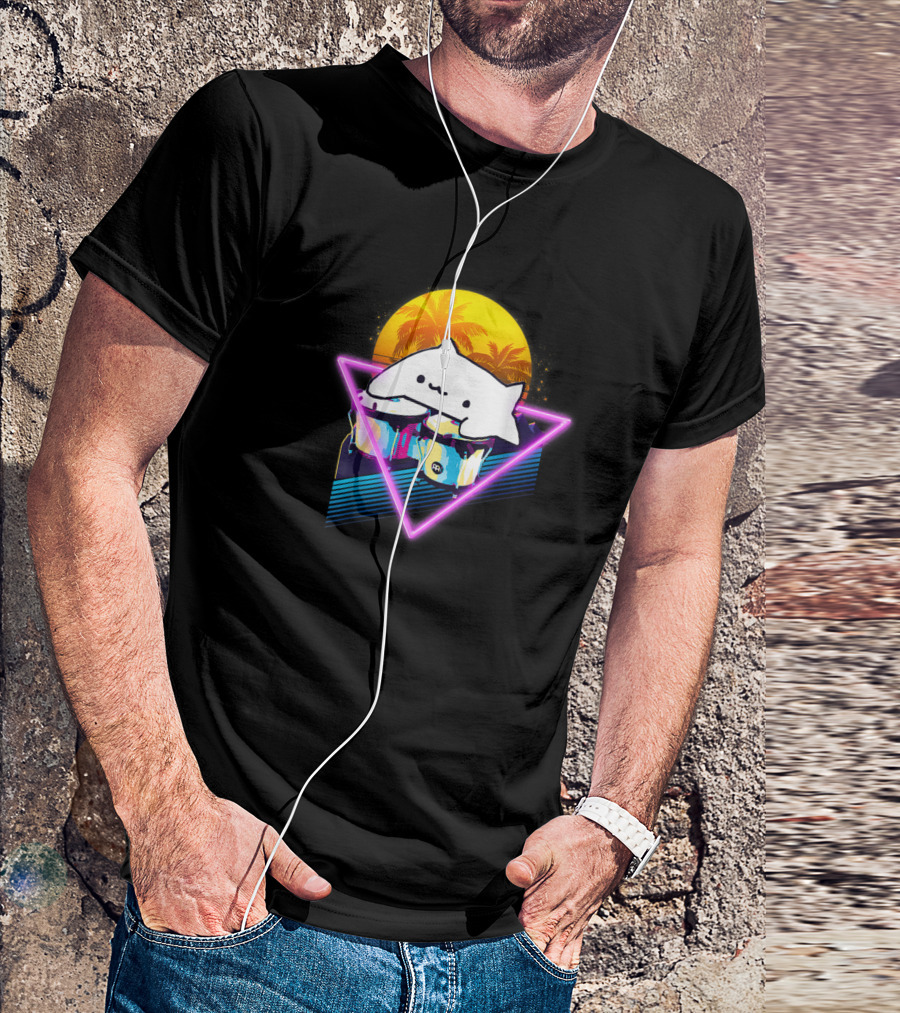 Bongo Cat Neon Triangle Palms 80s Vaporwave Sunset T-Shirt