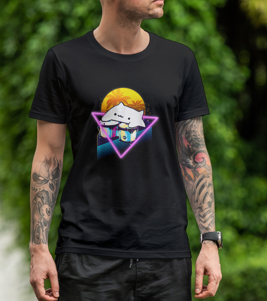 Bongo Cat Neon Triangle Palms 80s Vaporwave Sunset T-Shirt