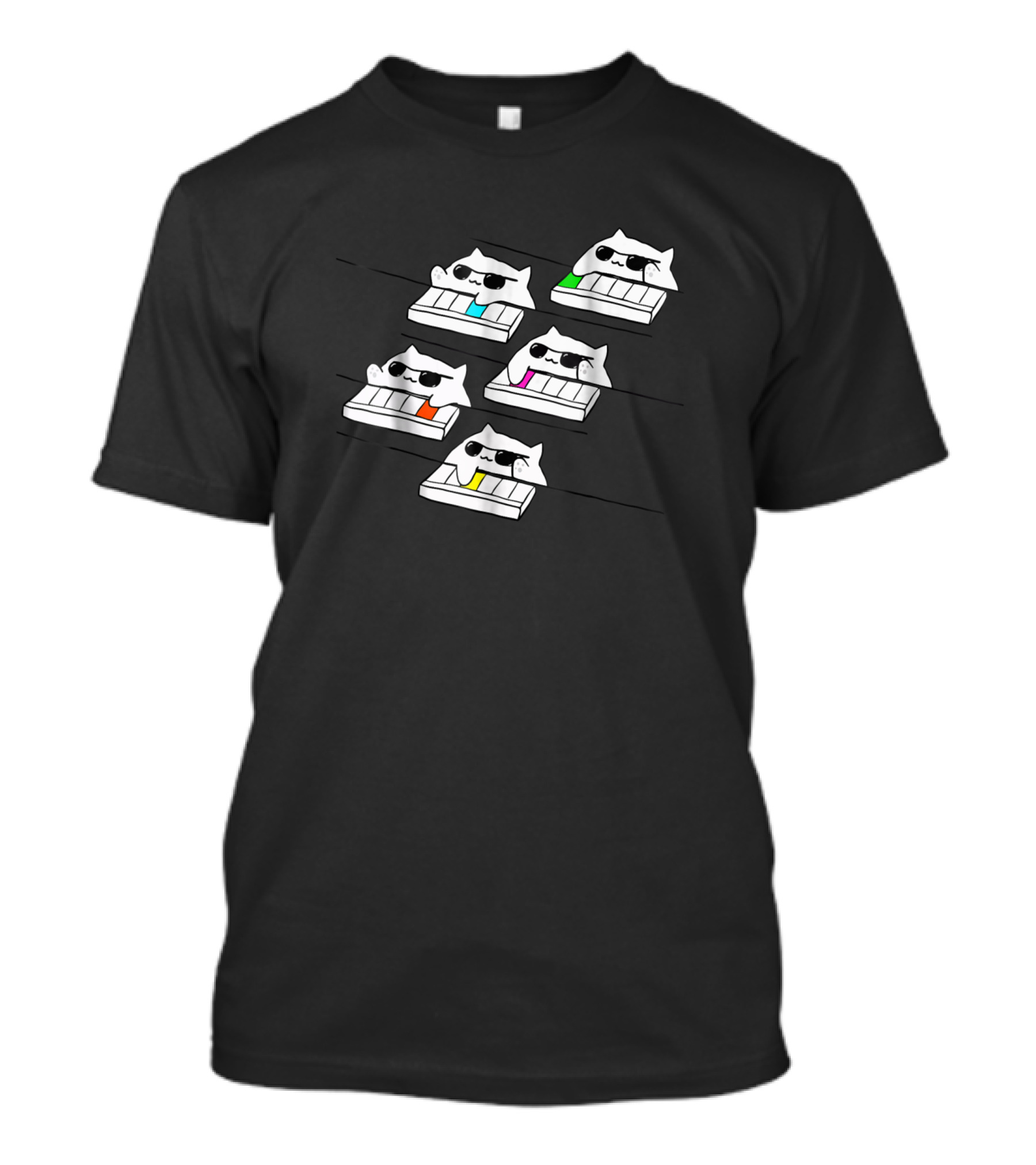 Bongo Cat Playing Keyboard With Sunglasses And Colorful Keys T-Shirt