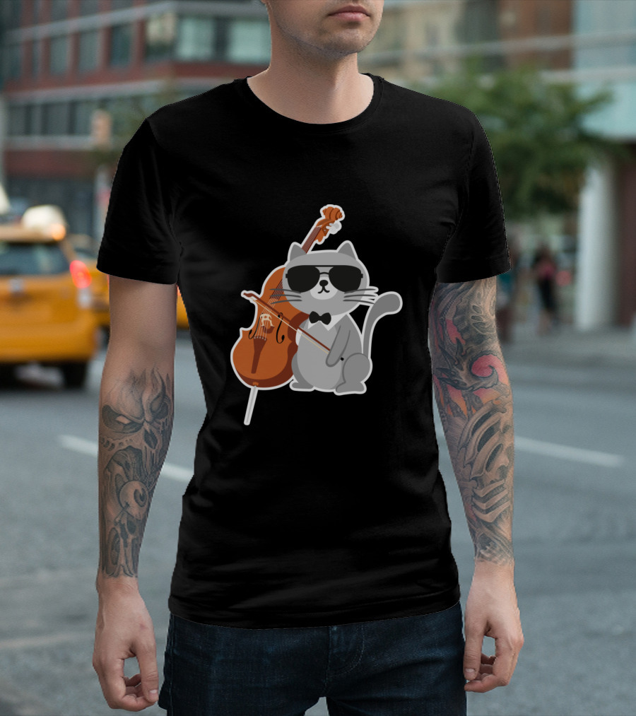 Cello Cat Wearing Sunglasses Bow Tie Playing Cello Cool Design for Cellists and Kitten Fans T-Shirt