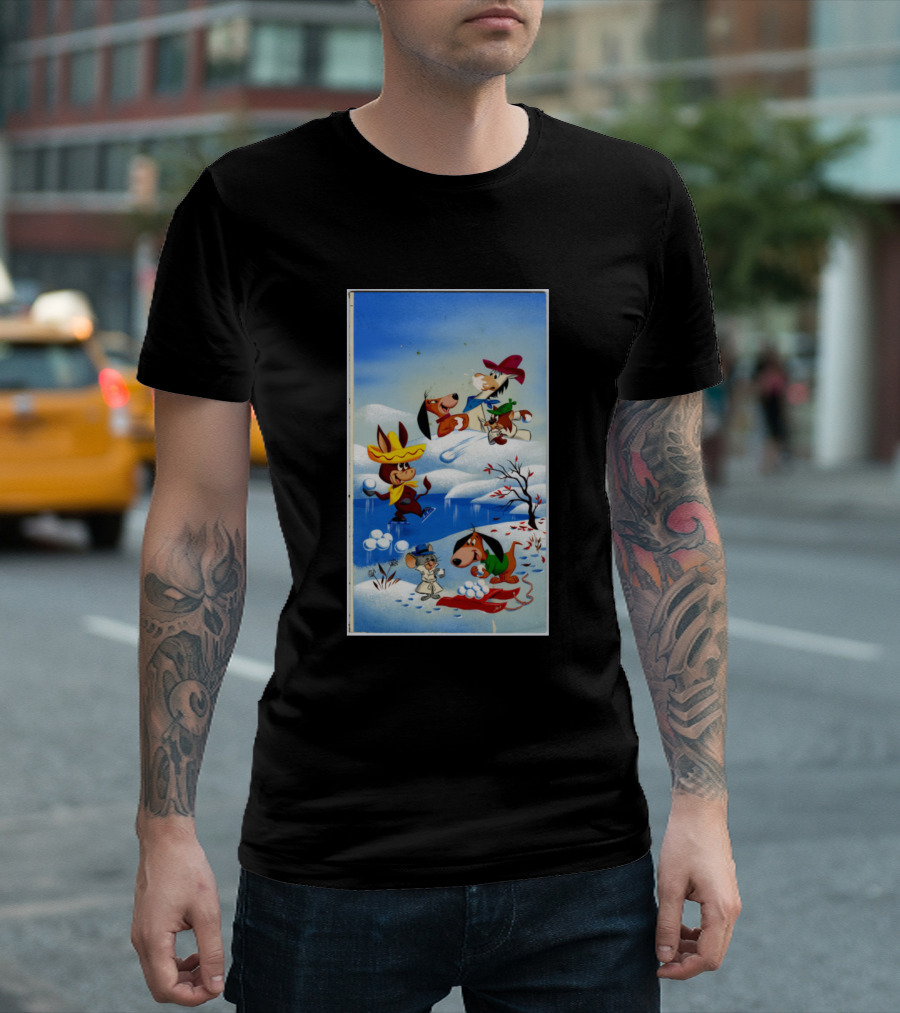 Classic Winter Cartoon Characters in Snowball Fun Scene T-Shirt