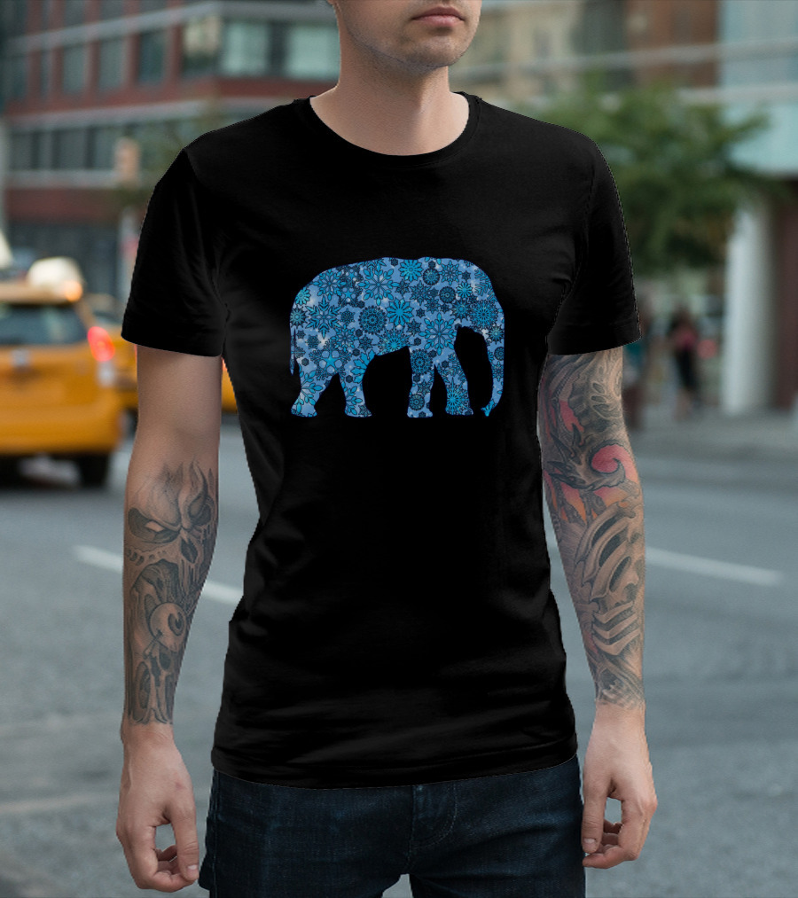 Elephant Covered in Blue Snowflakes and Floral T-Shirt