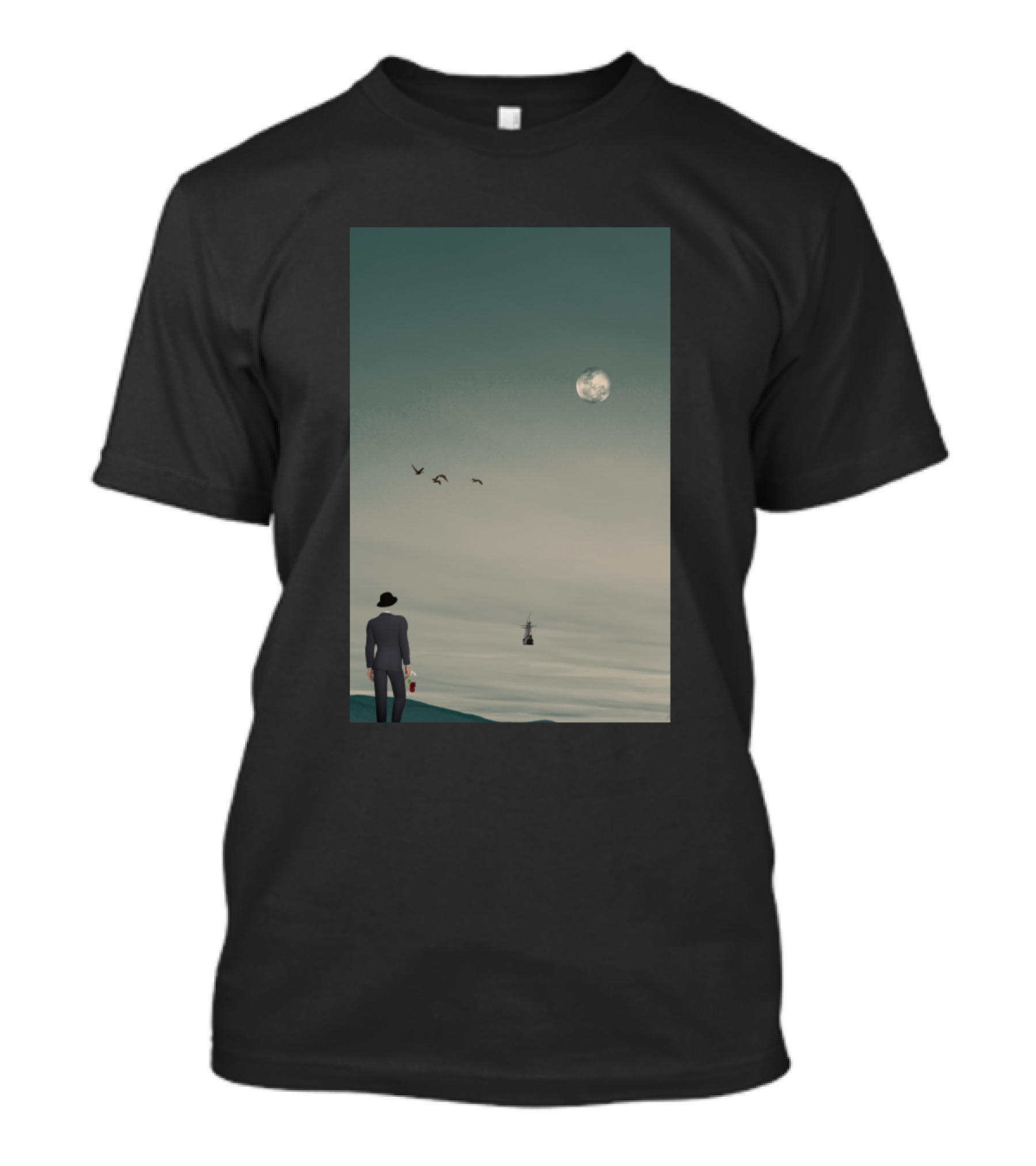 Existential Longing Surreal Moon Gazing With Birds And Man In Suit And Hat T-Shirt