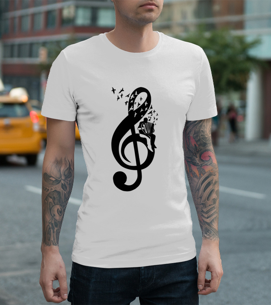Accordion Player on Treble Clef with Flying Birds T-Shirt