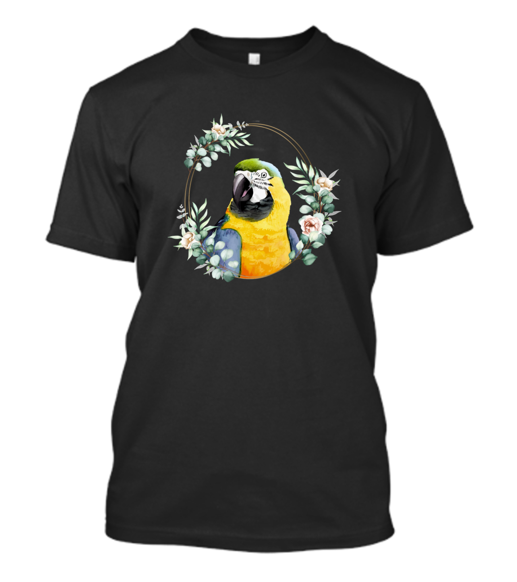 Colorful Macaw Parrot In Floral Gold Wreath T-Shirt