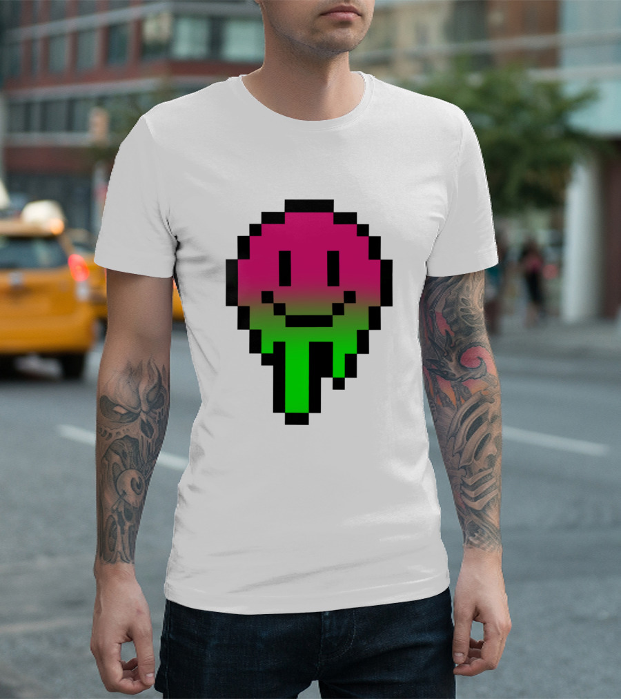 Pixel Acid Drip Smiley Face Neon Grunge Aesthetic T-Shirt