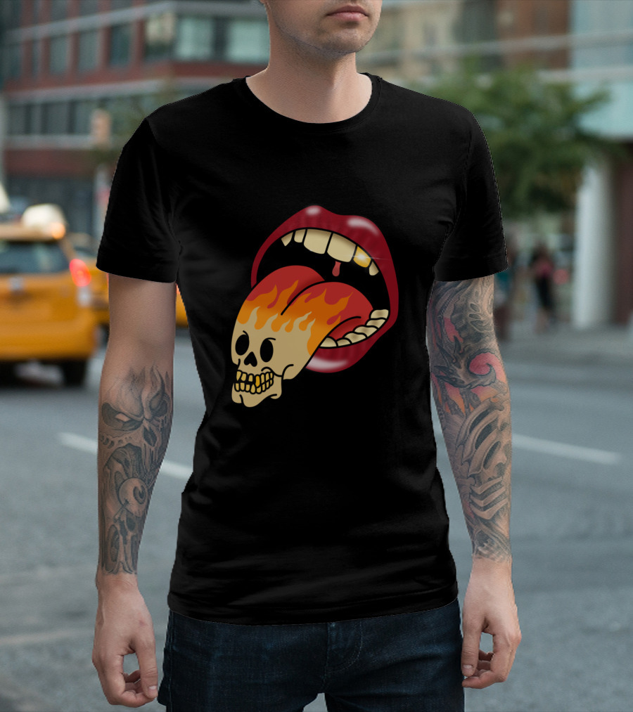 Red Lip Flaming Skull Tongue Tattoo T-Shirt