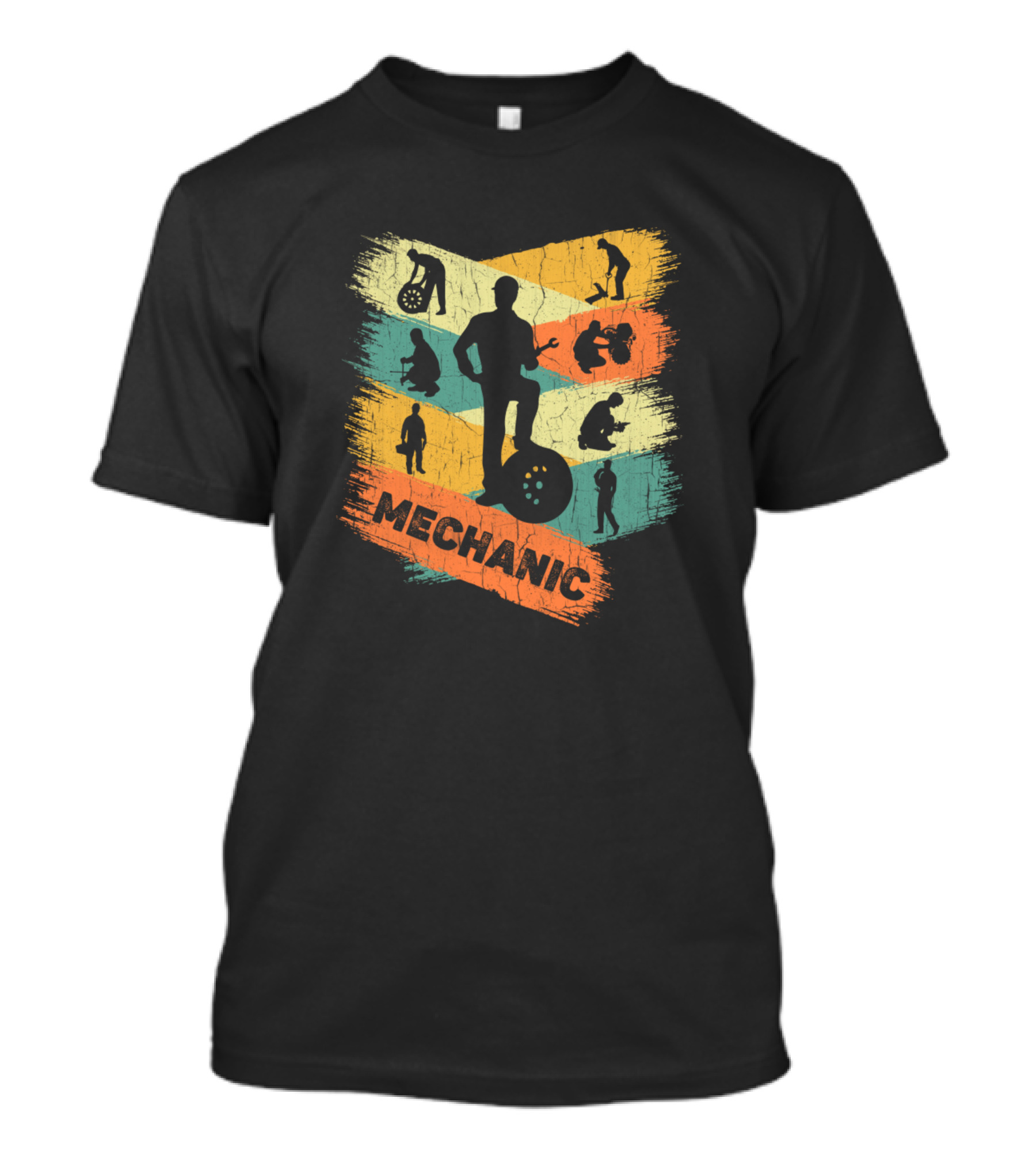Retro Mechanic Silhouettes On Vintage Colorful Background T-Shirt