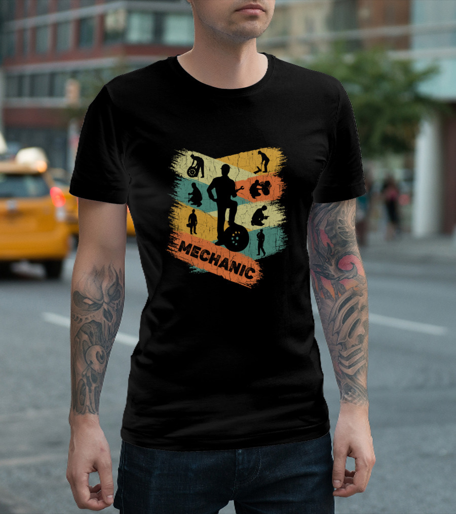 Retro Mechanic Silhouettes On Vintage Colorful Background T-Shirt